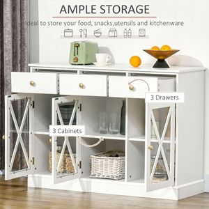 Credenza Buffet Bianca Stile Rustico con 3 Cassetti, Maniglie Bronzo, Mobile Bar Caffè, Anta Scorrevole in Vetro con Chiusura Magnetica, per Sala da Pranzo Villa - Product Image 4