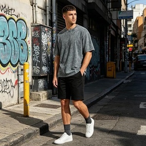 Men's Garment Dyed Knitted Cotton T-Shirt Short Sleeve O-Neck Solid Color Casual Loose Fit Acid Washed High Quality Custom <b>Logo</b> - Product Image 3