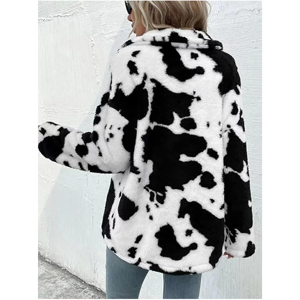 Bespoke <b>Women</b> Contrast Bovine Print Faux Fur <b>Cardigan</b> Jacket Winter Thermal Plush Oversized Streetwear Fluffy Shacket Coat - Product Image 1