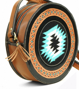 Bolso bandolera redondo estilo cantina occidental con diseño de alfombra azteca, bolso cruzado bohemio estilo western de calidad premium al por mayor - Product Image 4