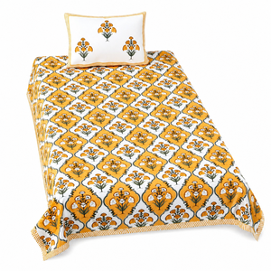 Heritage Single Cotton Bedsheet Yellow Floral Hand Block Print with <b>Pillow</b> Cover for Home Hotel Bedding - Product Image 3