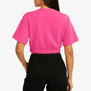 <b>Bubbles</b> Summer Crop <b>Top</b> Pink Short Sleeve Crew Neck Loose Fit Solid Color Pocket Detail Casual Wear Spring Cropped T-Shirt - Product Image 3