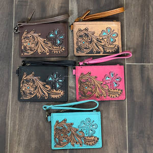 Handmade Tooled Genuine Leather Mini Wristlet Clutch Stylish Floral & Turquoise Butterfly Design Coin & <b>Card</b> <b>Holder</b> Women <b>Wallet</b> - Product Image 4