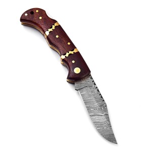 Couteau pliant en acier Damas forgé à la main, manche en bois de rose, étui en cuir, couteau de poche EDC pour la chasse et le camping - Product Image 4