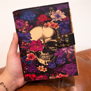 Handmade Vintage Leather Hardcover Journal Notebook Gothic Skull Print Grimoire Sketchbook Antique Deckle Edge 100 Sheets Cotton - Product Image 1