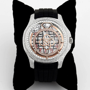 Montre pour homme en or rose avec diamants Moissanite cultivés en laboratoire, bracelet en caoutchouc personnalisé OEM ODM - Product Image 1