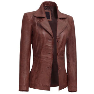 Women Cognac Brown Wax Three Button <b>Leather</b> <b>Blazer</b> Top Sell Factory Wholesale 2026 - Product Image 5