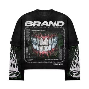 Camiseta de Manga Larga con Estampado Gráfico 3D en Negro Deslavado, Estilo Urbano Extragrande para Hombre, Estampado de Estrella Grande en la Espalda, Patrón de Lengua y Dientes en la Parte Delantera - Product Image 1