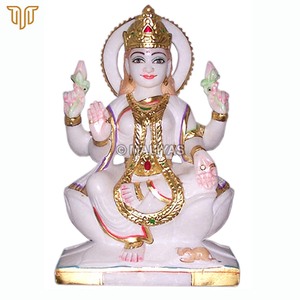 Estatua de Lakshmi en Mármol con Trabajos en Oro |   Ídolo de la Diosa Lakshmi de Cuatro Brazos sobre una Flor de Loto |   Hecho a mano por MALIYAS Jaipur - Product Image 4