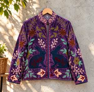 <b>Women</b>’s <b>Velvet</b> Suzani Embroidered <b>Jacket</b>, Floral Boho Ethnic Winter Coat, Handmade Multicolor <b>Jacket</b> - Product Image 4