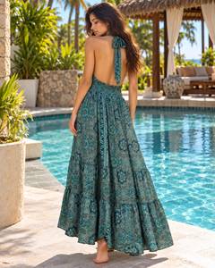 Blue Paisley Print Halter Maxi Swimdress Women Regular Fit Crop <b>Top</b> Tiered Skirt Beach Poolside <b>Dress</b> 1 Piece Breathable Woven - Product Image 1