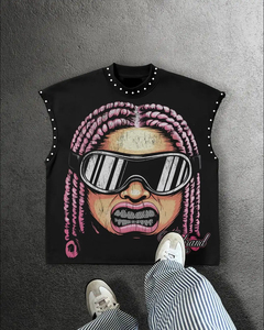 Vente Flash : Débardeur à strass édition Runway, coupe ample et oversize, en coton premium, sans manches, style streetwear, gilet graphique de luxe - Product Image 4