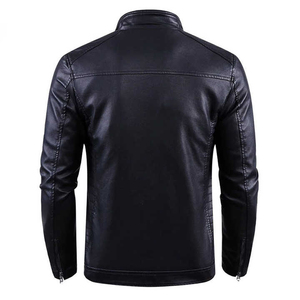 Chaqueta de Moto para Hombre, Negra, de Cuero Genuino, Impermeable, Ecológica, con Cuello Alto, Cierre de Cremallera, Color Sólido, Resistente al Viento, Corte Ajustado - Product Image 1