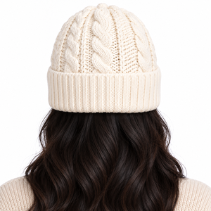 Wholesale Cream Cable Knit Beanie <b>Hat</b> with Folded Cuff and Embroidered Letter Logo Unisex Winter <b>Warm</b> Chunky Knitted Cap B2B USA - Product Image 4