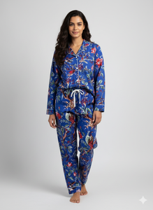 Ensemble de pyjama en coton imprimé à rayures verticales florales pour femmes, fabrication artisanale, séchage rapide, vêtements de détente printemps-été, chemise élégante pour la nuit - Product Image 2