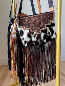 Sac bandoulière ajustable en cuir véritable 100% avec franges, style bohème, sculpté à la main, en fourrure de cheval, pour femme - Product Image 2