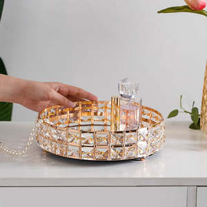 Modern Gold-Toned Rope Woven Frame Polished Metal <b>Round</b> Crystal <b>Mirror</b> Decorative Tray Multi-Functional <b>Small</b> Ramadan Home Decor - Product Image 5