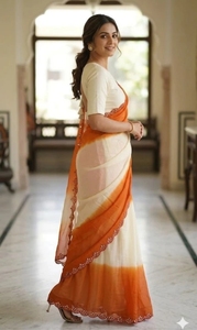 KV Women's Embellished Reversible Wrinkle-Free Autumn Bollywood Georgette <b>Saree</b> with Unstitched Blouse (<b>Orange</b> White) - Product Image 6
