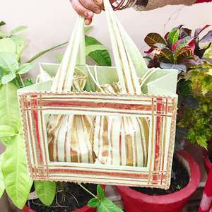 Collapsible basket with 2 potlis wedding return gifts favors to guests Gota patti hamper boxes folding Indian Pakistani wedding - Product Image 3