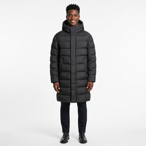 Veste d'hiver en duvet à capuche longue pour homme, noire unie, coupe-vent, fermeture éclair, décontractée, en polyester - Product Image 3