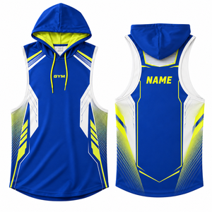 Débardeur à capuche sans manches pour homme, bleu et jaune, color block, imprimé en relief, séchage rapide, coupe ajustée, longueur standard, en polyester tricoté - Product Image 1