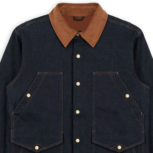 Veste en jean bleu foncé pour homme avec col marron, fermeture à boutons, poches poitrine, style workwear, coupe classique, pour l'automne - Product Image 3