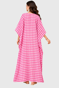 Robe longue kaftan rose à carreaux pour femme, col en V, modeste, avec pompon - Product Image 2