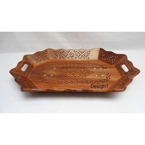 Plateau octogonal traditionnel sculpté en bois de Sheesham |   Plateau de service en bois artisanal en gros - Product Image 2