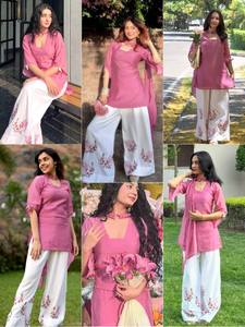 Conjunto de kurta de seda romana rosa con palazzo bordado y dupatta con anillo metálico - Product Image 4