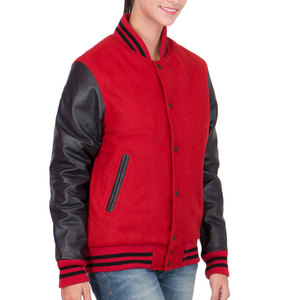 Women's Red Varsity Jacket With PU Leather Sleeves <b>Button</b> Up Collar Solid Color Autumn Wear for wholesale price - Product Image 2