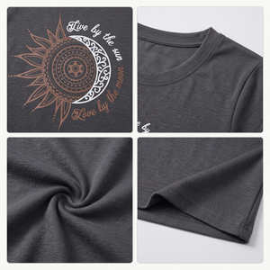 T-shirt à manches longues pour femme, noir, imprimé soleil et lune, col rond, décontracté, 100% coton, respirant, vêtements d'automne - Product Image 2