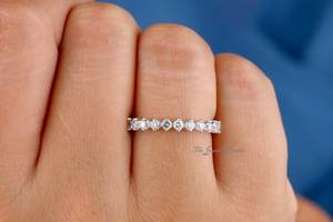 Vintage Diamond Wedding Band White Gold Round Cut Moissanite Matching Band <b>Stacking</b> Delicate Half Eternity Wedding Band Wedding - Product Image 4
