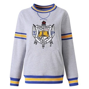 เสื้อสเวตเชิ้ต Sigma Gamma Rho Chenille Crest สำหรับผู้หญิง สีเทา น้ำเงิน เหลือง ลายทาง แขนเสื้อแบบแร็กแลน มีกระเป๋า คอกลม เสื้อพูลโอเวอร์สำหรับชมรมนักศึกษา - Product Image 2