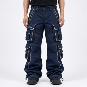 Pantalones Cargo Azul Marino para Hombre con Diseño de Múltiples Bolsillos, Detalles de Cremallera con Ribete Blanco, Correas Ajustables con Hebilla, Estilo Holgado y Utilitario - Product Image 1