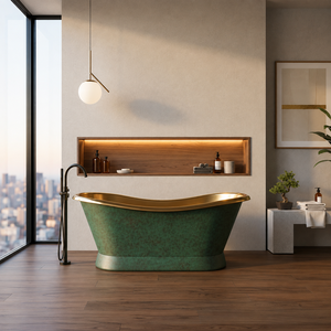 Baignoire de luxe en cuivre massif, faite à la main, autoportante, avec finition vert antique et bordure en laiton pour salle de bain - Product Image 1
