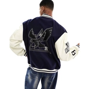 <b>Men's</b> Navy <b>White</b> Genuine Leather Varsity <b>Jacket</b> Embroidered Letter Logo Turn-down Collar Regular Fit Preppy Style Winter Wear - Product Image 6