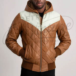Blouson matelassé en cuir bicolore premium pour homme, design matelassé losanges, avec capuche, en similicuir, chaud et rembourré, pour l'hiver, avec épaulettes - Product Image 3