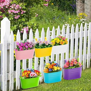 6 Pack Metal Railing Planter For Outdoor Plants, Balcony Hanging Flower Pots With Detachable <b>Hooks</b> And Drain Holes, Oval Bucket - Product Image 6