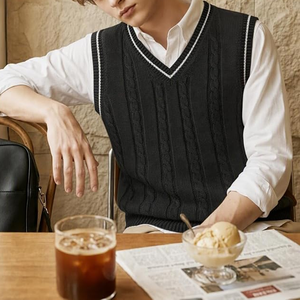 Men's <b>Black</b> V Neck Knitted <b>Sleeveless</b> Vest Acrylic Solid Color Anti Pilling Autumn Wear - Product Image 6