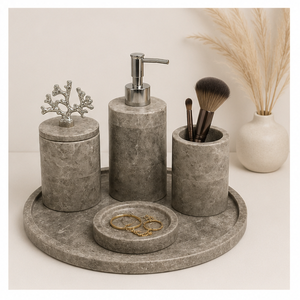 Ensemble d'accessoires de salle de bain en marbre gris naturel 5 pièces, organisateur de comptoir avec distributeur de savon, gobelet et plateau pour hôtels et maisons - Product Image 6