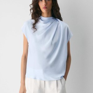 Blusa de verano para mujer, elegante, sin mangas, con cuello drapeado, holgada, tejida, ecológica, para mujer, con cuello drapeado. - Product Image 1
