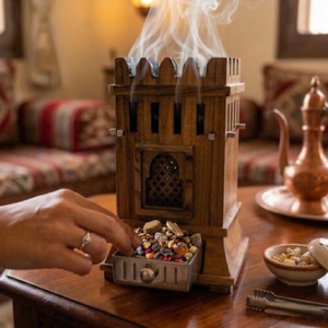Brûle-encens en bois artisanal en forme de château, avec des fenêtres en treillis complexes, un tiroir métallique amovible et un élégant détail en merlon. - Product Image 6