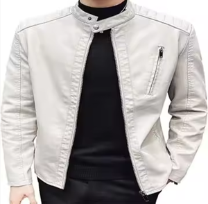 Veste de costume courte ajustée en cuir véritable pour homme avec col montant, manteau d'hiver - Product Image 5