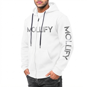 Mollify <b>Men's</b> <b>White</b> Zip-Up Hoodie Regular Fit Cotton Fleece Casual Hooded <b>Sweatshirt</b> with Front Pocket and Sleeve Logo - Product Image 1