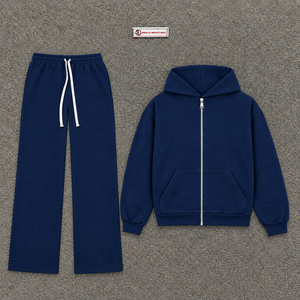 Ensemble de survêtement pour homme bleu marine, sweat à capuche zippé et pantalon de jogging en molleton uni, style streetwear décontracté, tenue de sport deux pièces avec cordon de serrage - Product Image 5