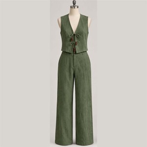 Women New Green Linen Cotton Sleeveless V-Neck <b>Jumpsuit</b> <b>Wide</b> <b>Leg</b> Pants Set Minimalist Summer Breathable Full Length Solid Color - Product Image 1