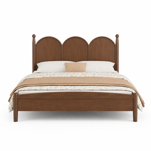 โครงเตียงไม้สักแบบฝรั่งเศสพร้อมหัวเตียงโค้งสามชั้น - Product Image 1
