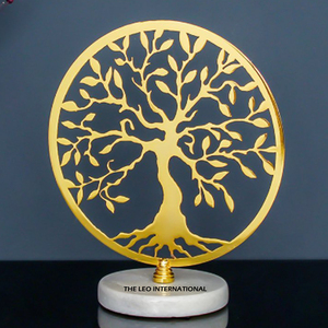 Sculpture d'arbre décorative en acier inoxydable doré brillant, découpée au laser, avec feuilles de branches, base en marbre, pour table - Product Image 1