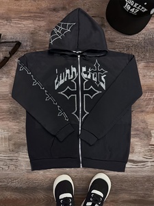 Sudadera con capucha negra con cremallera y pedrería, de forro polar oversize, con estampado de letras, estilo urbano para hombre y unisex - Product Image 6