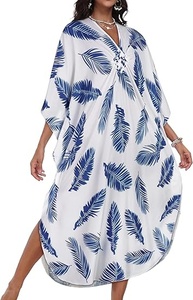Robe longue kaftan pour femme à col rond, imprimé tropical, manches chauve-souris, coupe ample, ourlet asymétrique, tenue de plage estivale en polyester tissé - Product Image 6